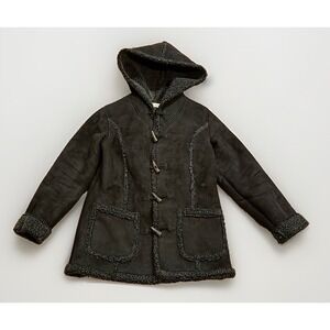 Vintage LL Bean Women's Faux Shearling Suede Coat Toggle Buttons Hood Rare